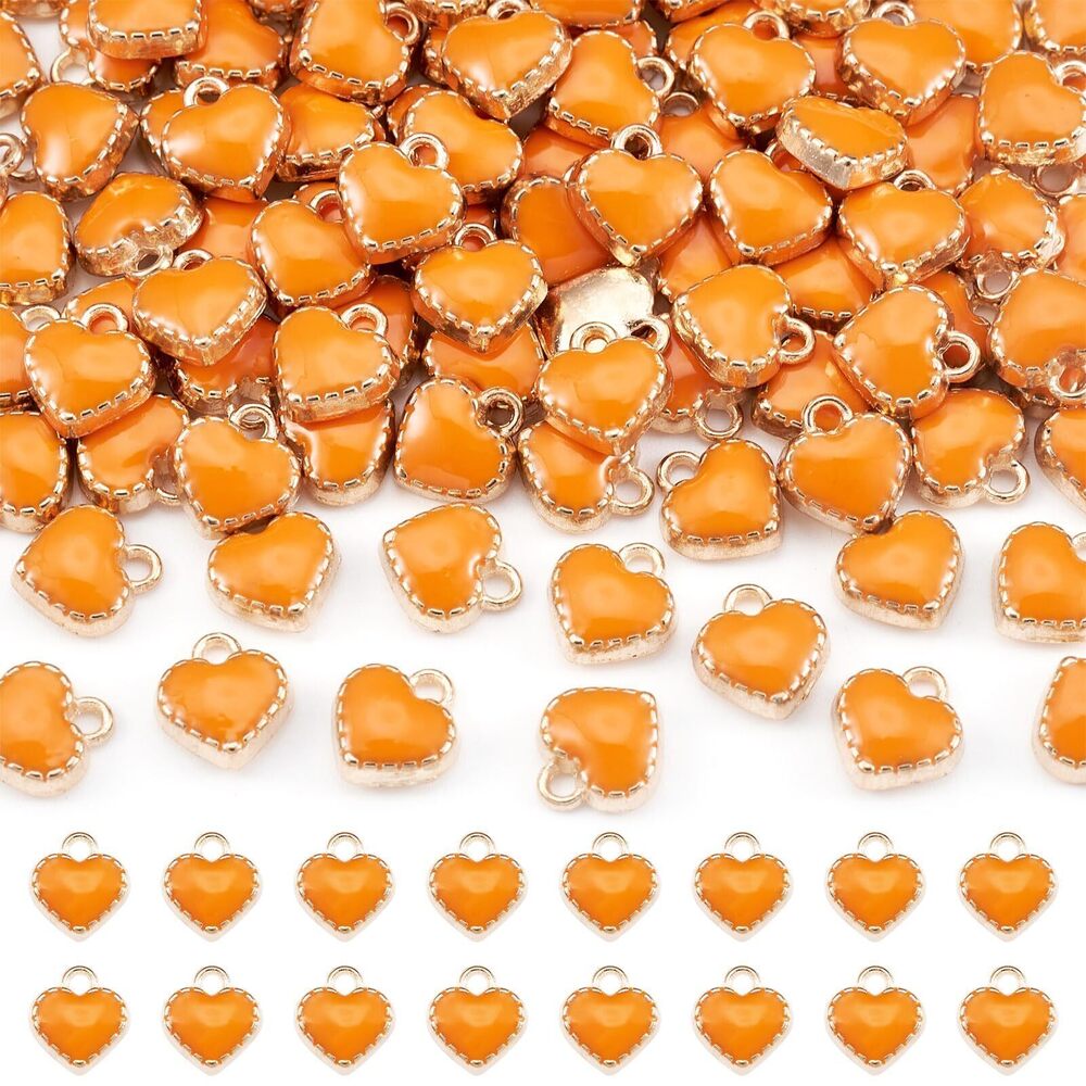 1988 Beadthoven 100pcs Small Heart Enamel Charms Pendants Orange Light Gold